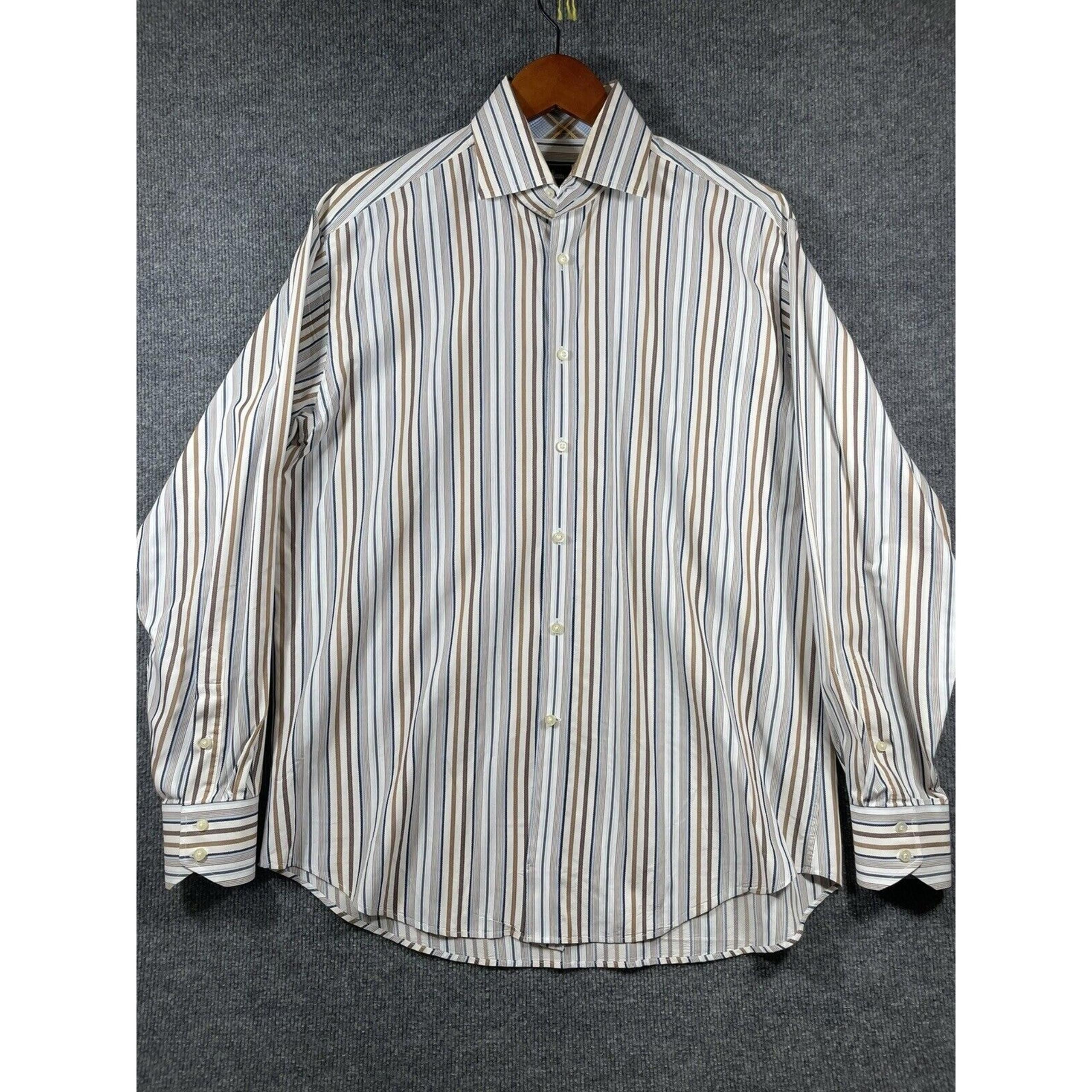 Neiman Marcus Button Up Shirt Men's Large Beige Striped Longsleeve Reverse Cuff