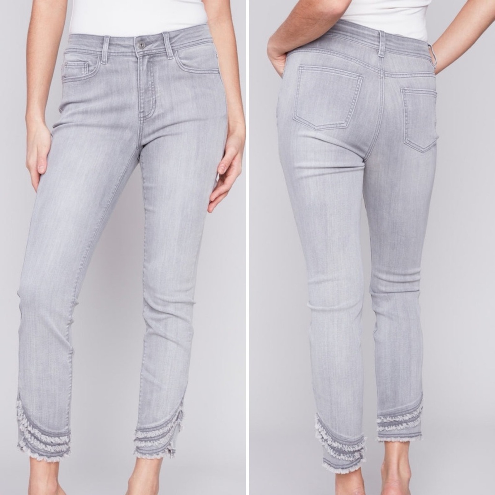 CHARLIE B Frayed Hem Stretch Denim Pants Women’s size 6 - Light Grey color