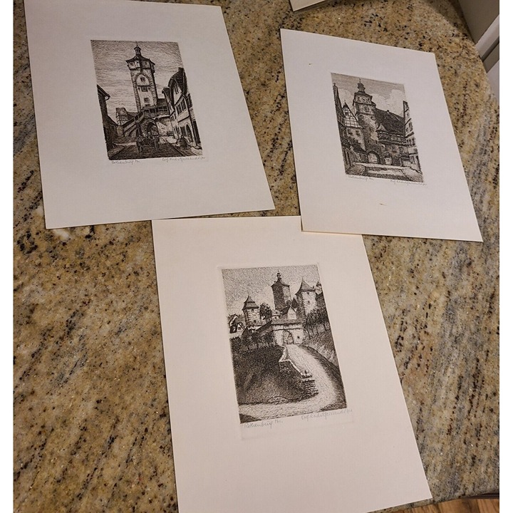 Lot of 3 Geissendorfer ?? Etchings? Prints? Signed Rothenburg Germany