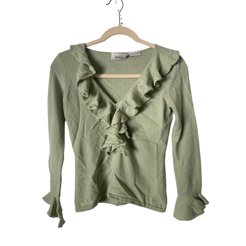 Neiman Marcus Green 100% Pure Cashmere V-Neck Ruffled Sweater