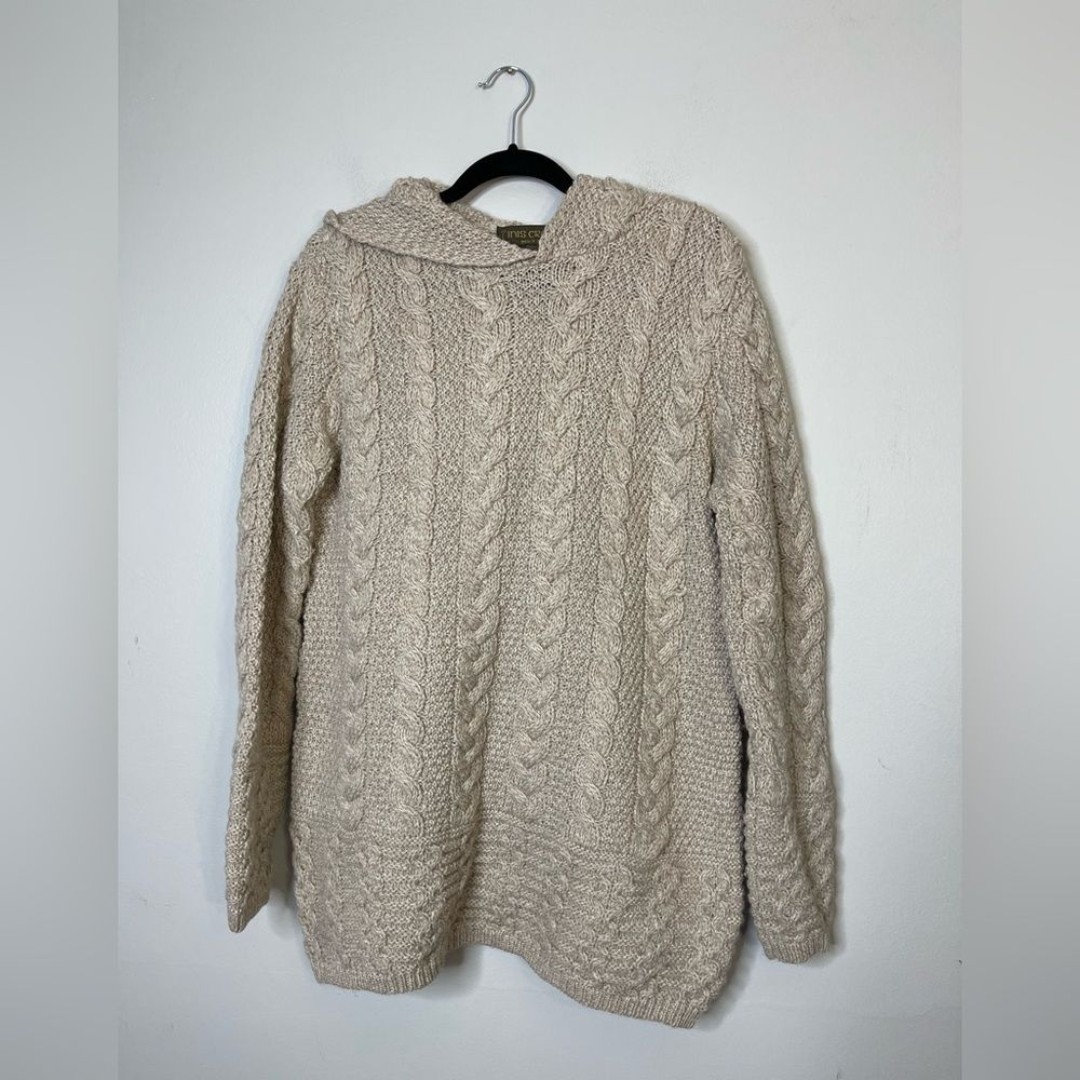 Inis Crafts Light Beige Merino Wool Chunky Fisherman Knit Pullover w Hood L
