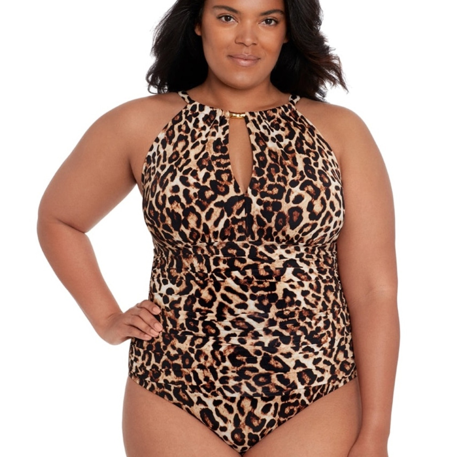 Lauren Ralph Lauren Leopard High Neck One Piece swimsuit brown black - 16W