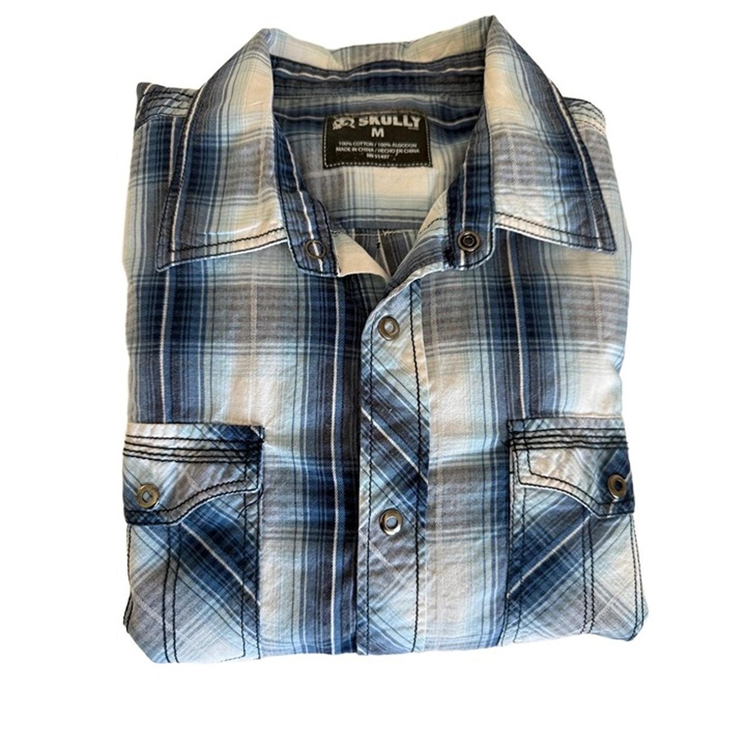 Skully Shirt Mens Medium Blue Plaid Casual Long Sleeve Snap Button Western