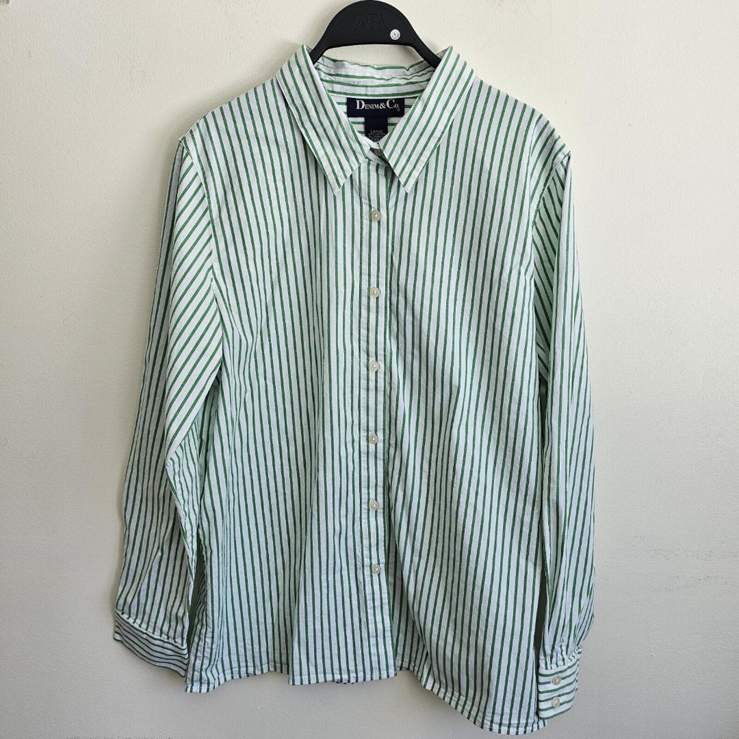 Vintage Denim & Co Women's Green Stripe Button Down Shirt Sz Large