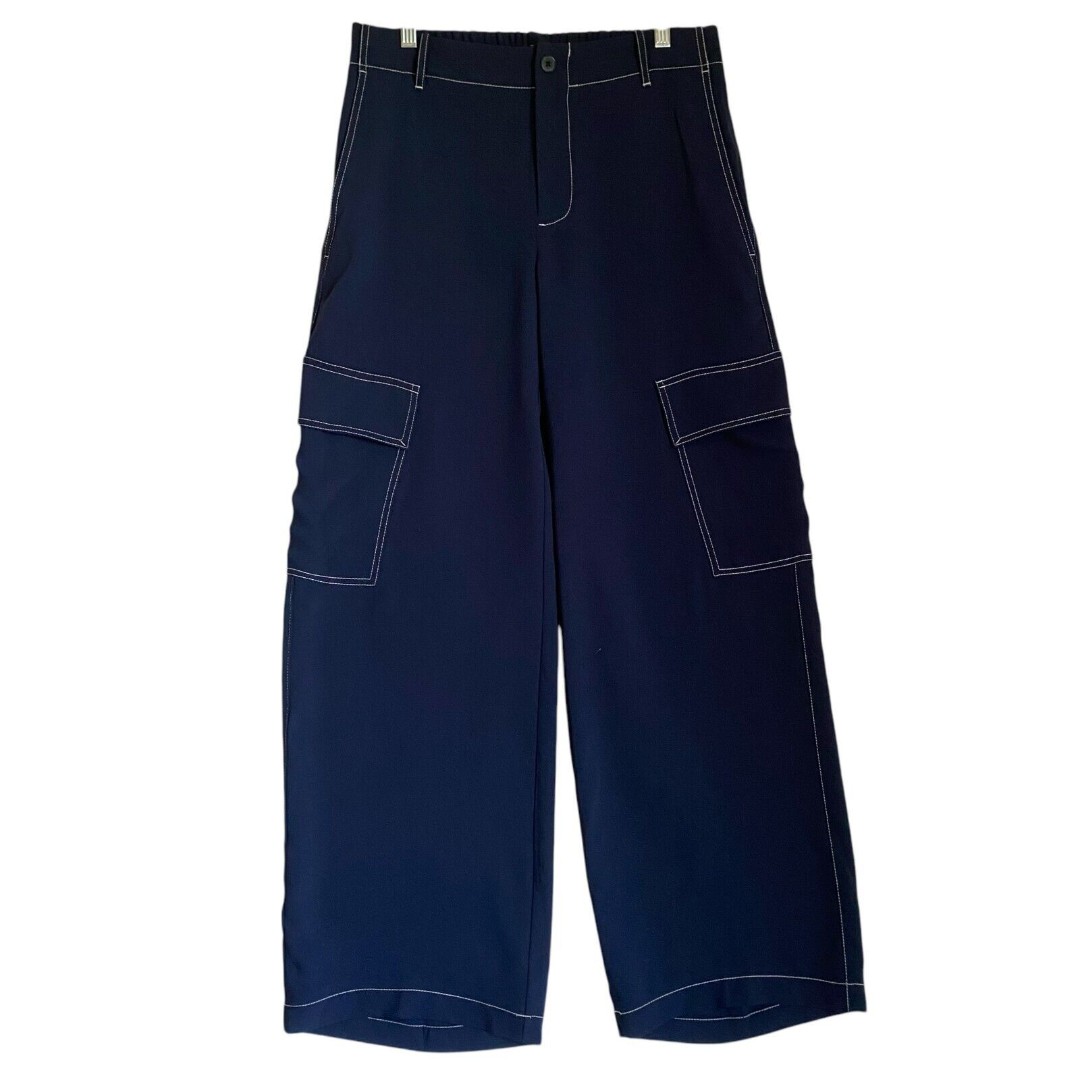 Madewell Wide Leg Utility Cargo Pull On Pants Size 6 Navy Relaxed Nautical Boho