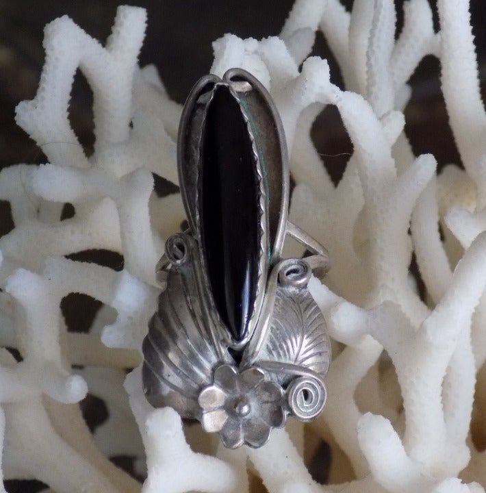 Vintage Navajo Native American Black Onyx Ring Sterling Silver Sz 7.5 Signed