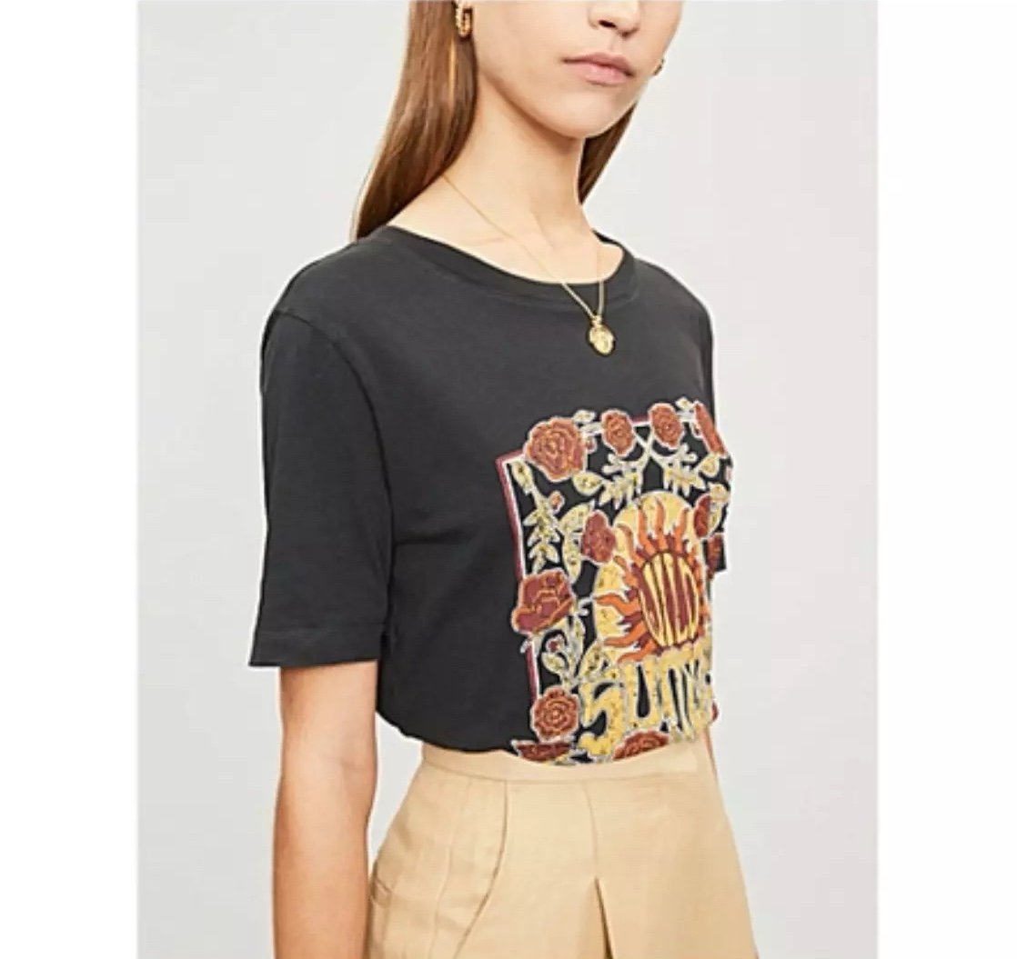 SANDRO Black Orange Floral Wild Summer Cotton Women's Short Sleeve Graphic Tee