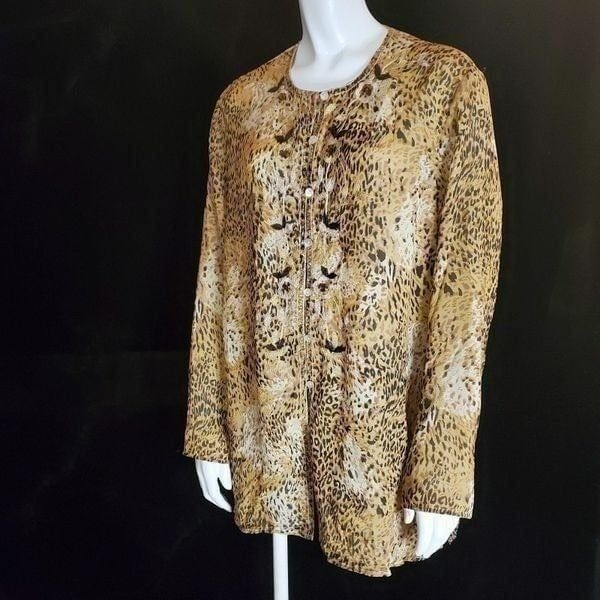 Laura Ashley Animal Print & Embroidered Floral Design Silk Button Down Shirt (L)