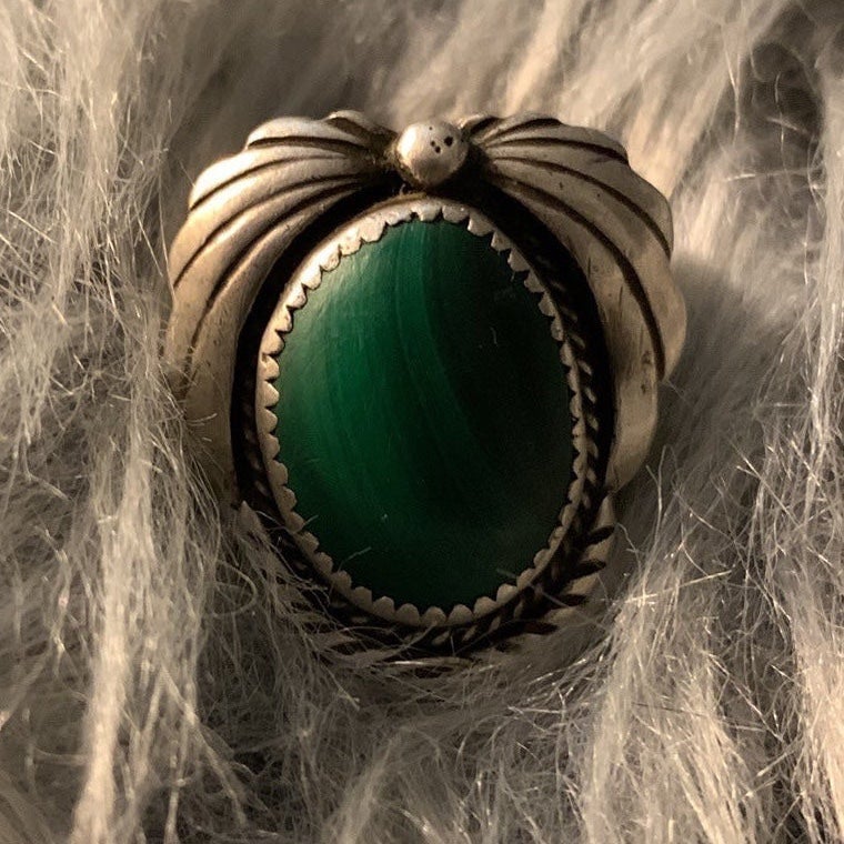 VINTAGE/NATIVE - HUGE Green Malachite Signed Sterling Men’s Ring