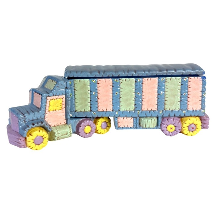 Patchwork Semi Truck Trinket Box Ceramic VTG 70s Kitschy Decor Rare OOAK Driver