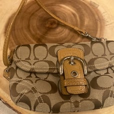 Coach Clutch Wristlet Signature Logo Jaquard Taupe Patent Buckle Double Pocket