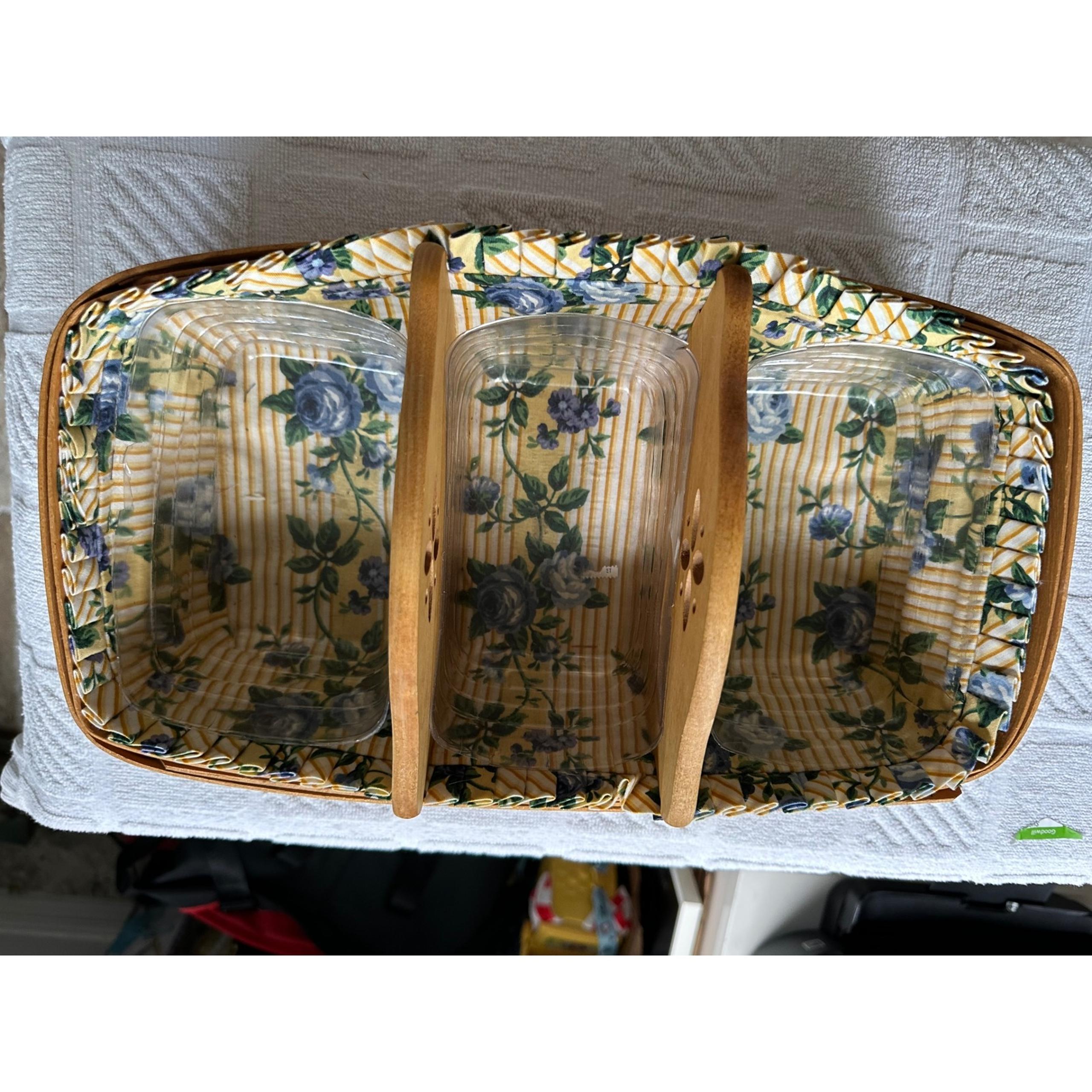 Longaberger Basket with Liners & Protectors - Floral Fabric, Wood Dividers VGUC