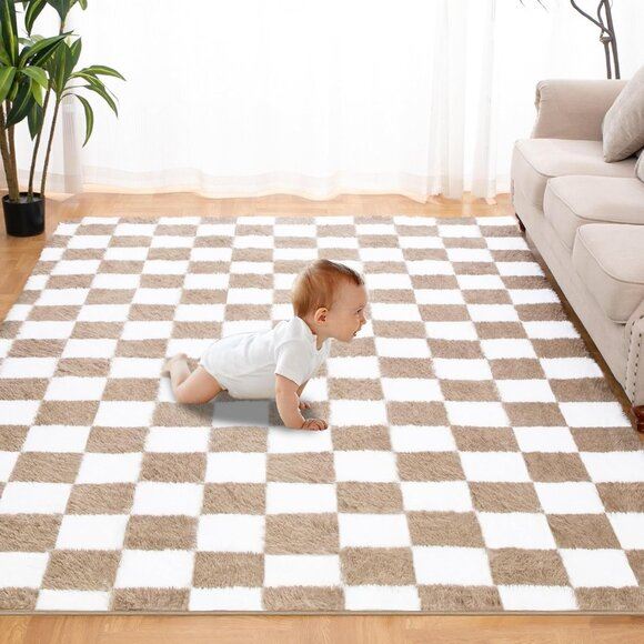 5x7 Beige, White Checkered Area Rug, Soft Anti-Skid High Pile Carpet for Bedroom