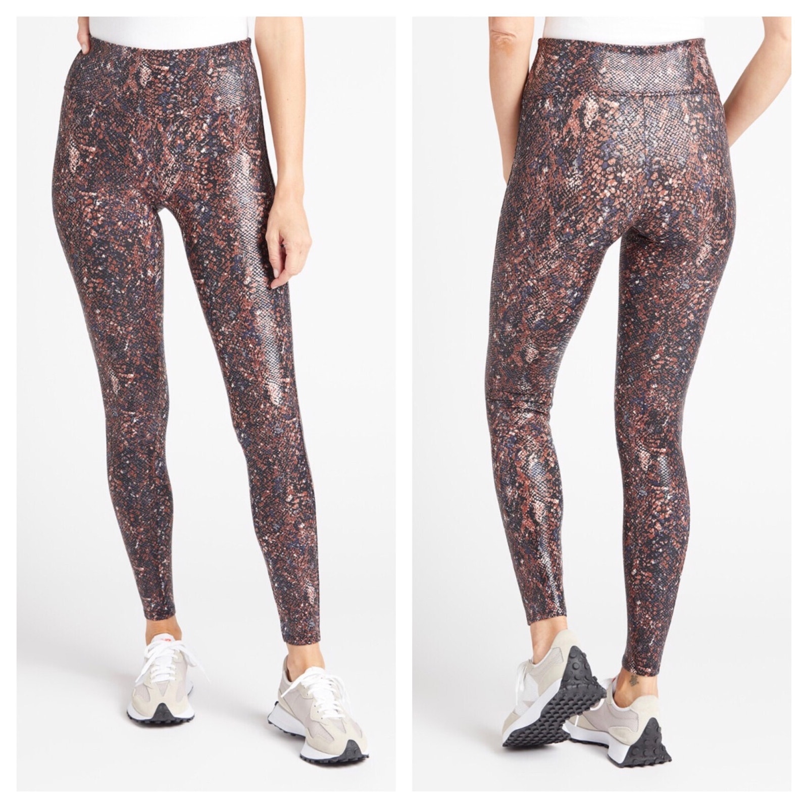 NWT Spanx Faux Leather Snake Shine Leggings Small Mocha Stretch High Rise