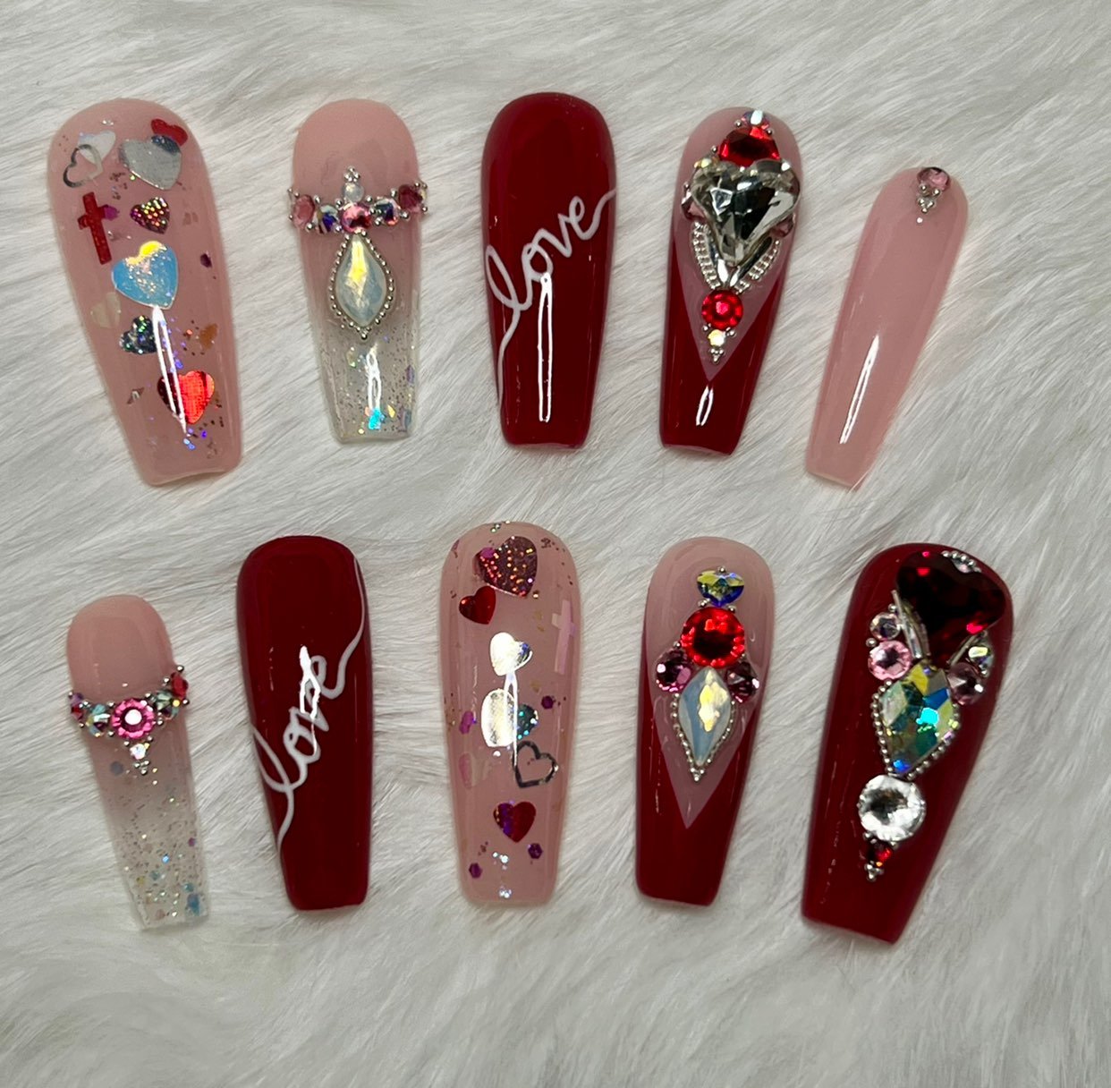 Pink and Red Crystal Press On Nails