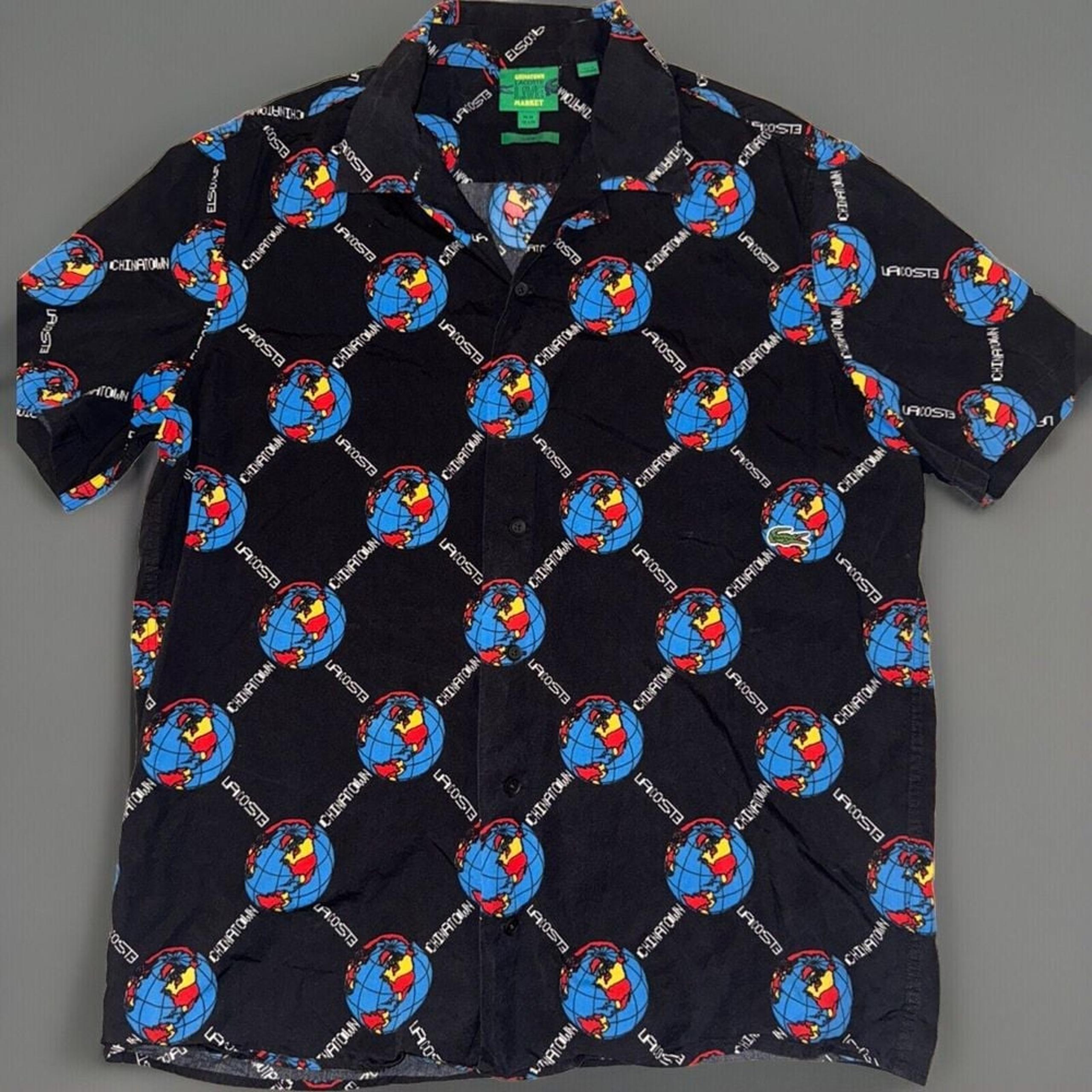 Unisex Lacoste LIVE Chinatown Market Printed Shirt Size S/M Black w/ Globes FR39