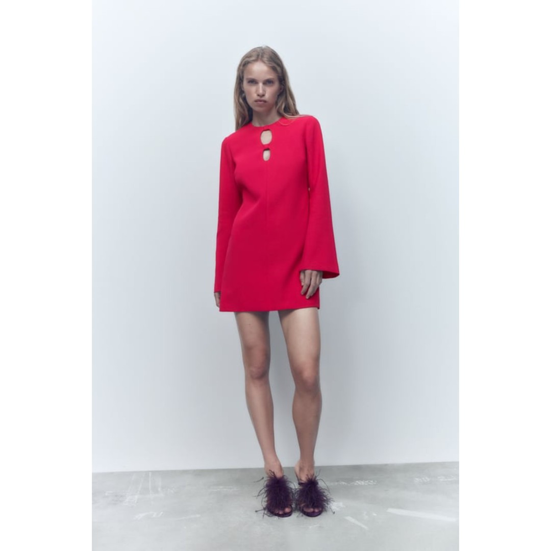 Hot Pink Zara Front Cutout Flare Sleeve Round Neck Mini Dress (NWT)