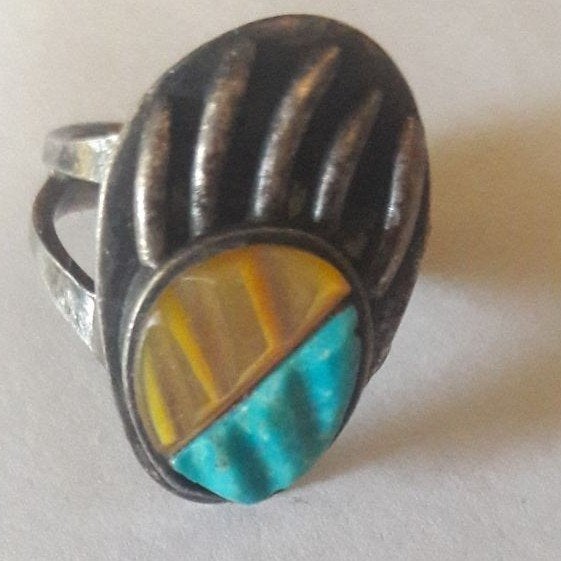 Native carved turquoise Sterling ring 7