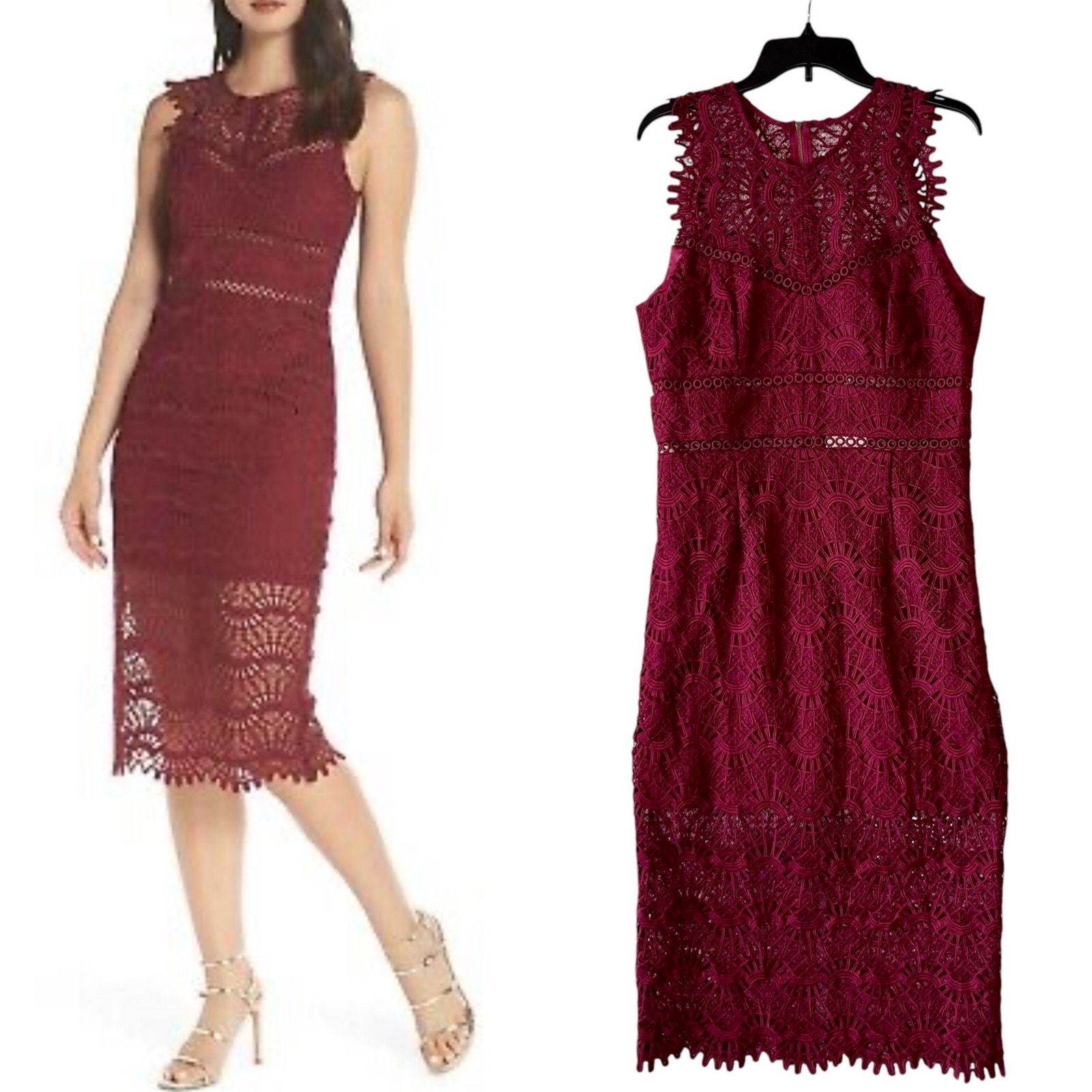 Bardot Sheath Midi Dress 10 Red Wine Lace Mariano Sleeveless Cocktail NWT