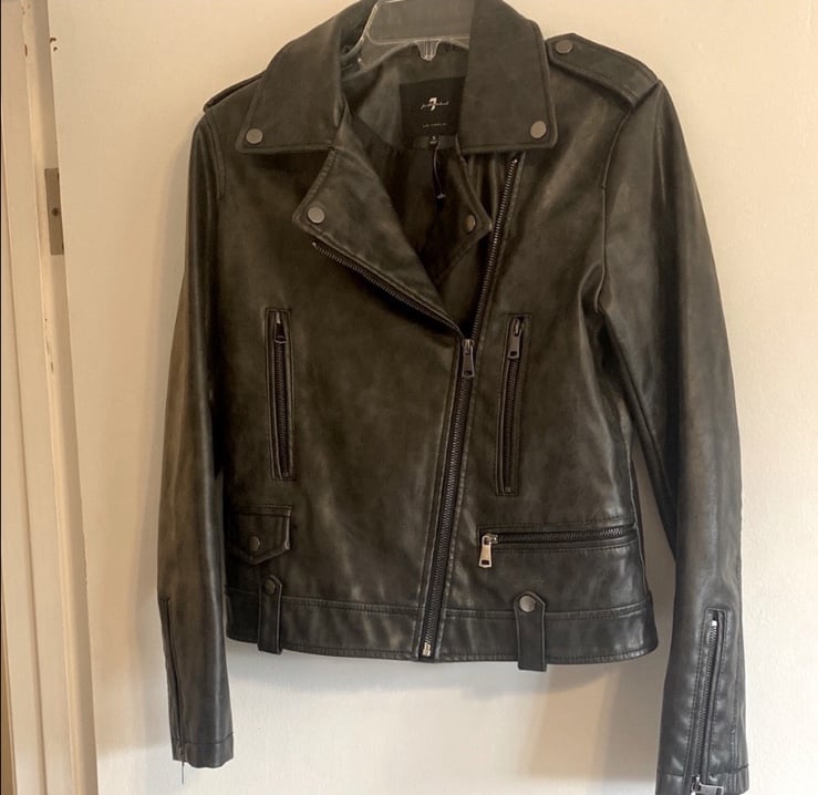 7 for All Mankind Black Faux Leather Moto Jacket- Size S