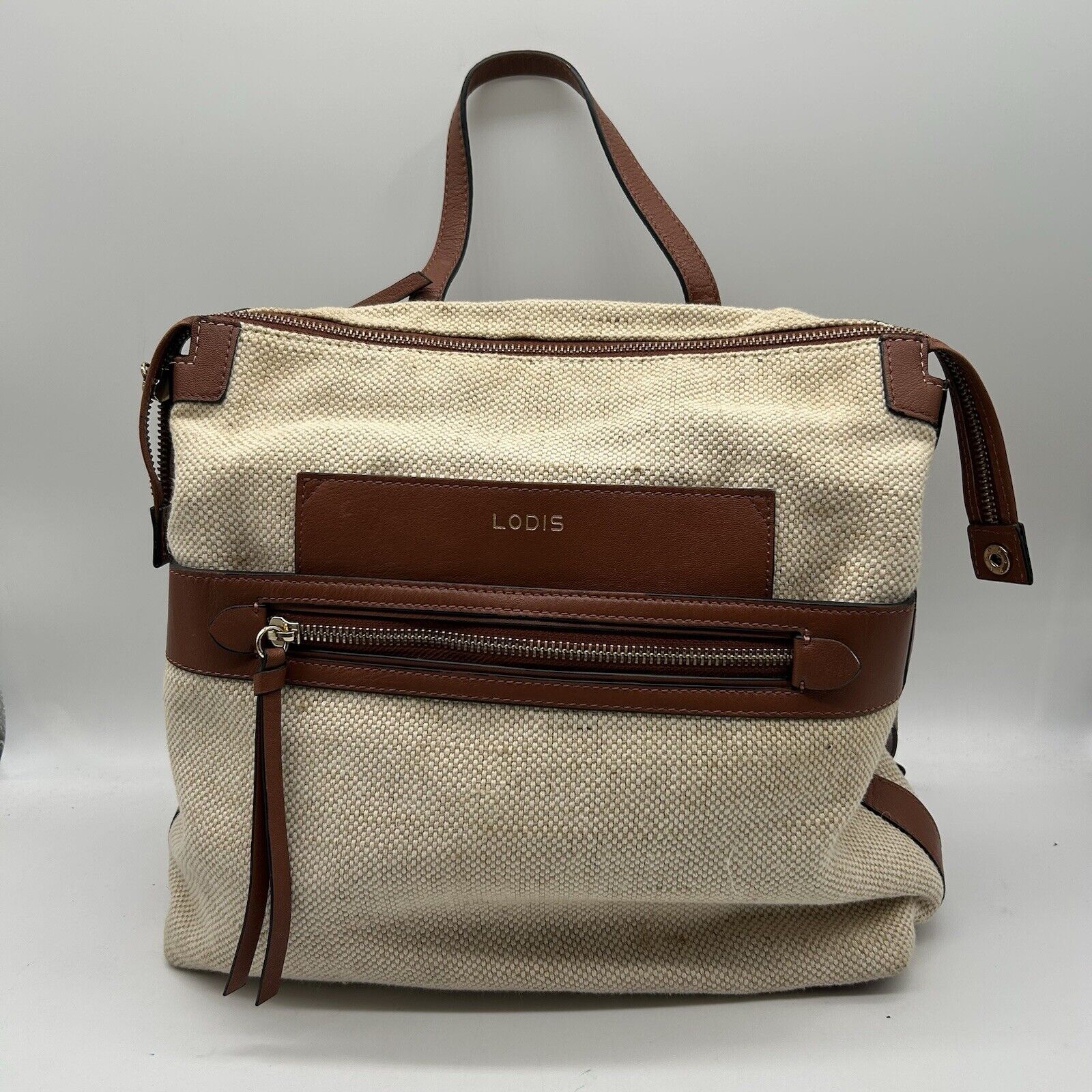 LODIS Backpack Hand Bag Leather Canvas Tote Brown Beige