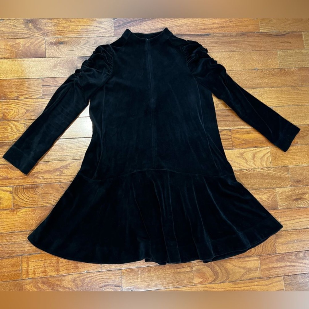 ME+EM Black Velour Long-Sleeve Ruched Zip Front Swing Dress Preowned Women's 8