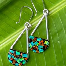 Vintage sterling silver Inlaid micro Mosaic Gemstone opal drop dangle earrings .