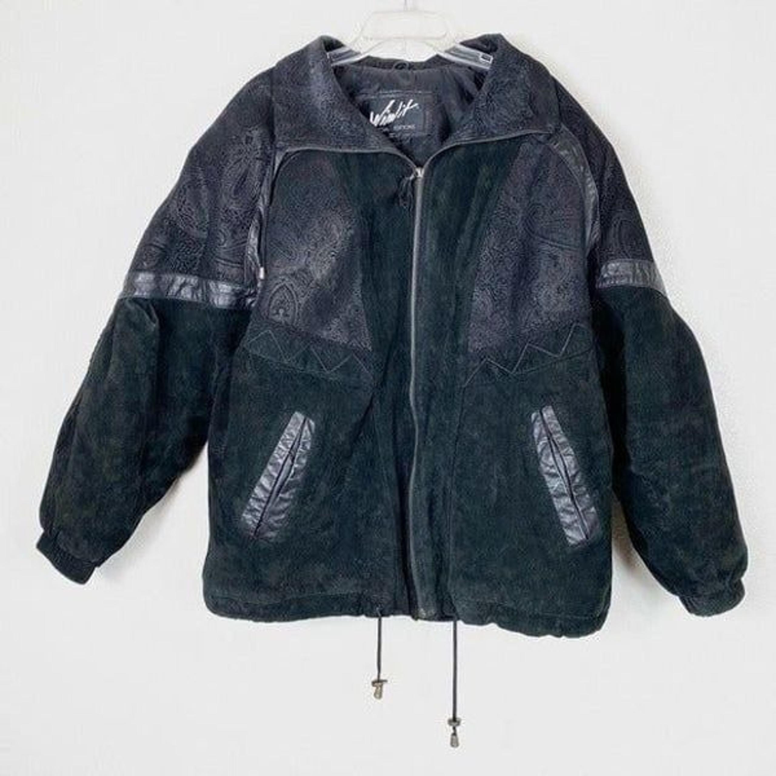 Vintage Black Patterned Leather & Suede Bomber Jacket