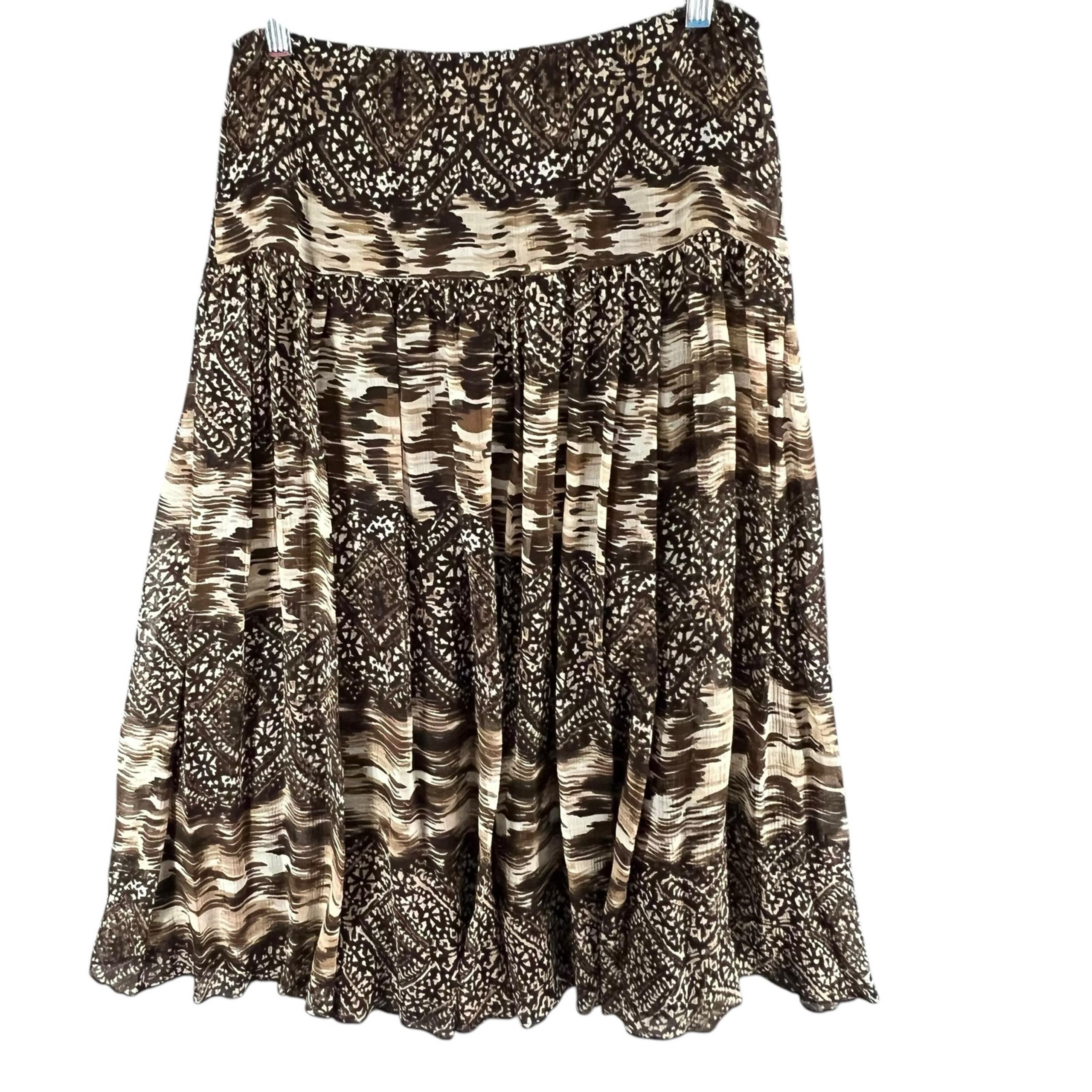 Nine West Skirt Womens 4 Brown Silk Geo Tribal Mix Print Pleated Lined Y2K Boho