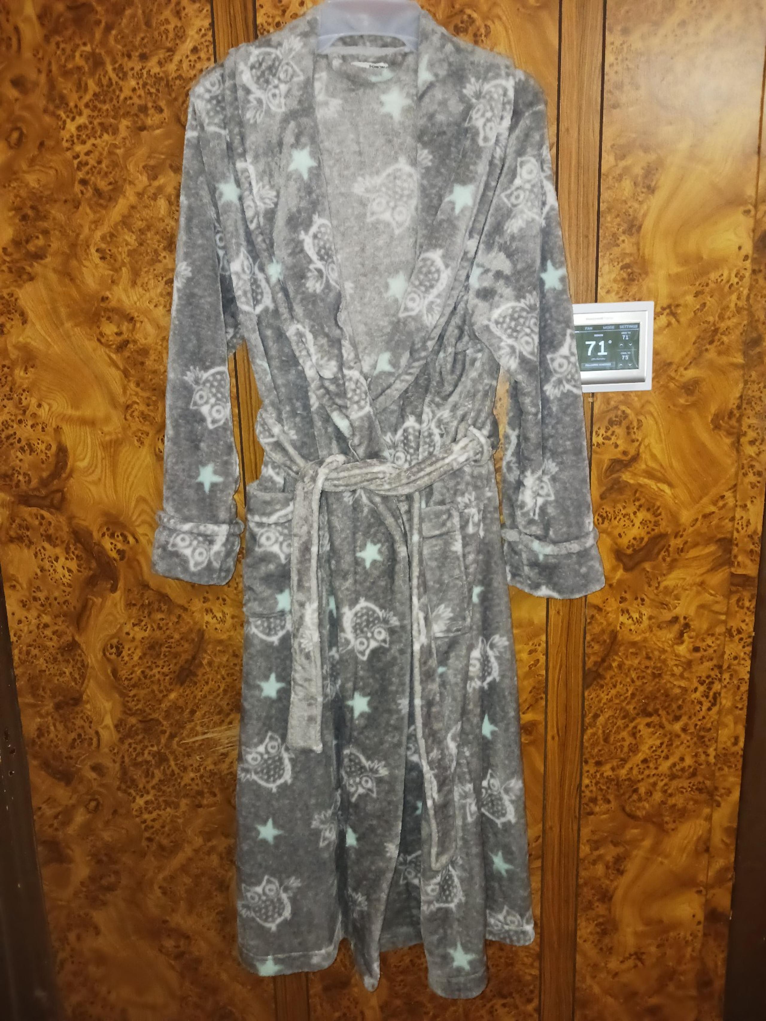 SONOMA women's long slv plush fleece robe Owls full lngth pockts belted Grey S