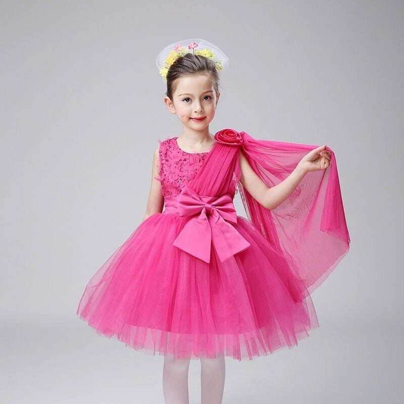 Toddle Girl Pink Lace Dress With Big Bow Tie Birthday Formal Dress Size 4-5Y