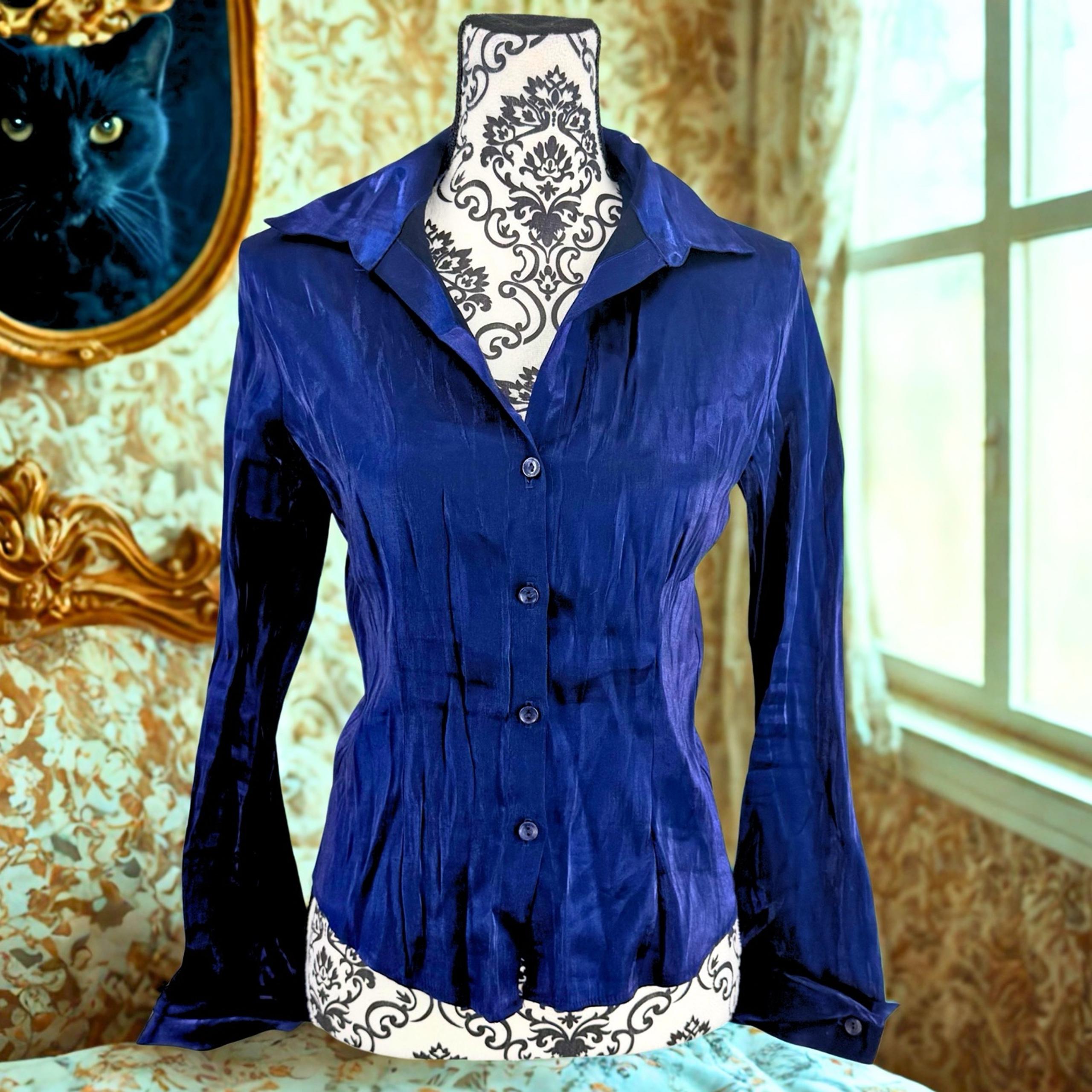 Vintage Anxiety Iridescent Blue Purple Office Siren Glam Button-Down Shirt, L