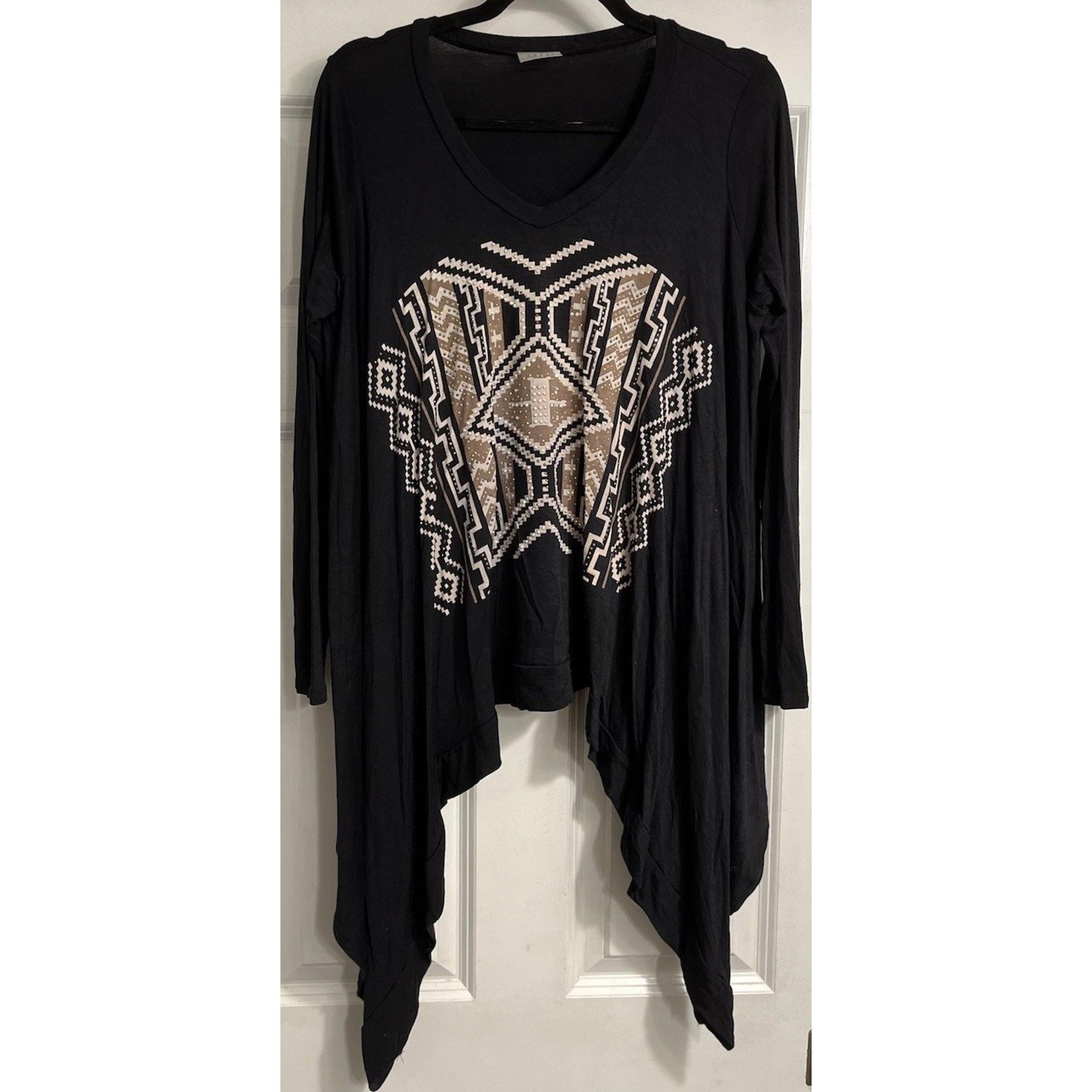 Vocal California Rhinestone Aztec Tunic Top Black Womens Medium Lagenlook