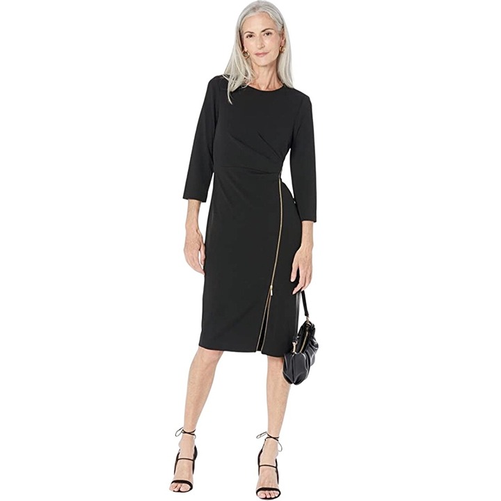 Calvin Klein Long Sleeve Ruched Gold Zipper Asymmetrical Dress Black 8P