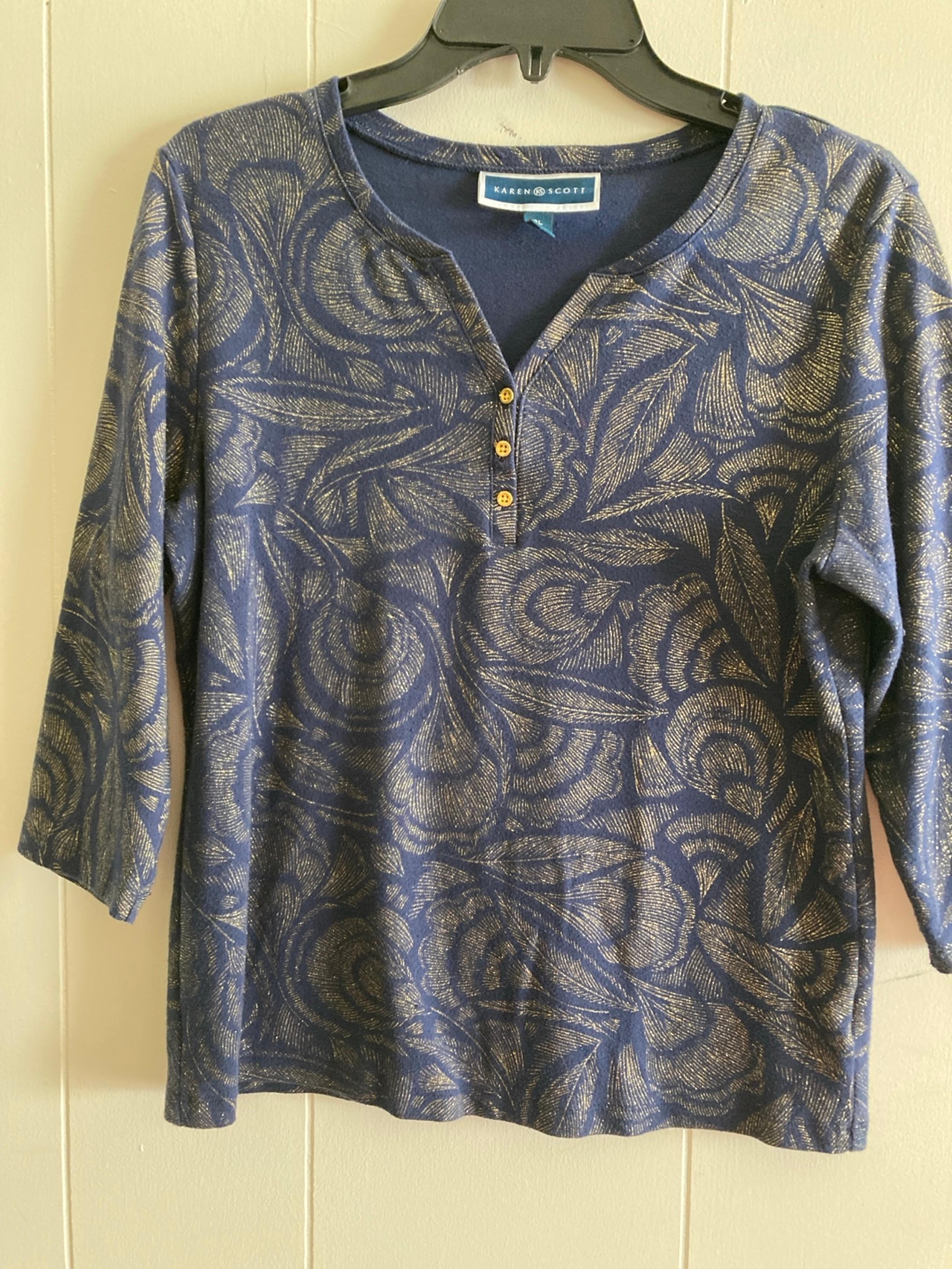KAREN SCOTT 3/4 SLEEVE TOP- NAVY & GOLD SPARKLE THREADING - SIZE PL