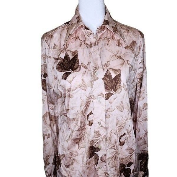 Vintage 70s Disco Blouse Button Up Shirt Womens Size L Pink Brown Floral Dagger