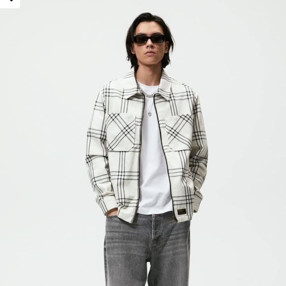 NWT Zara Man Black Cream Plaid Jacket Overshirt Zipper Size XL