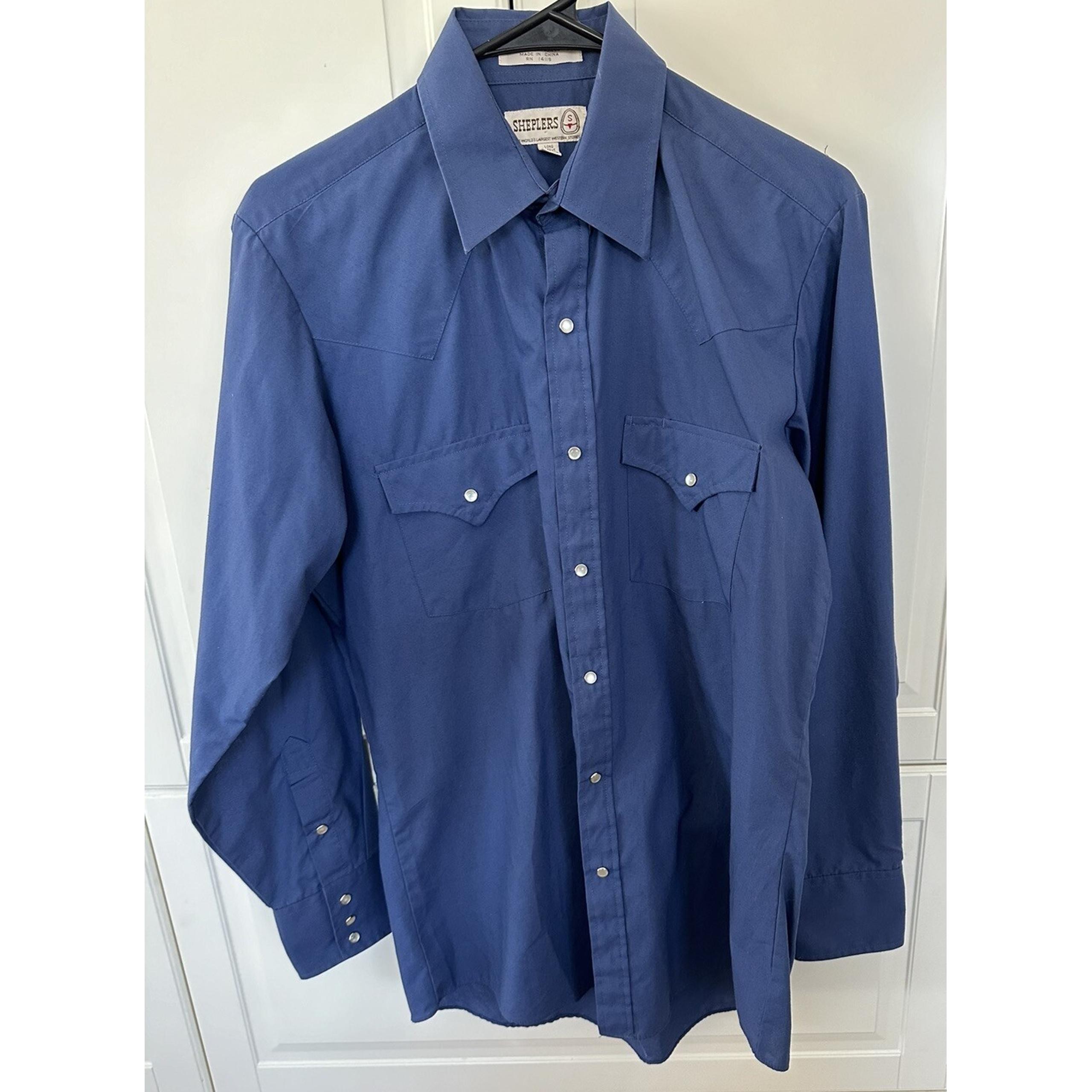 Vtg Sheplers Western Shirt Pearl Snap Mens Small 15-33 Blue Long Sleeve Pockets