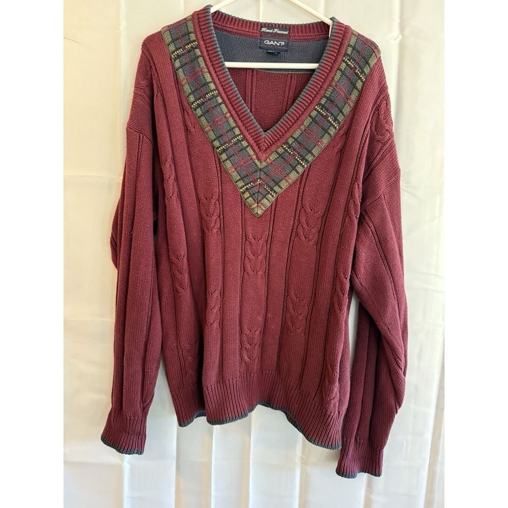 Vintage Rugger Gant Men Grandpa Sweater Knit Top Burgundy Red Green M 90s 80s