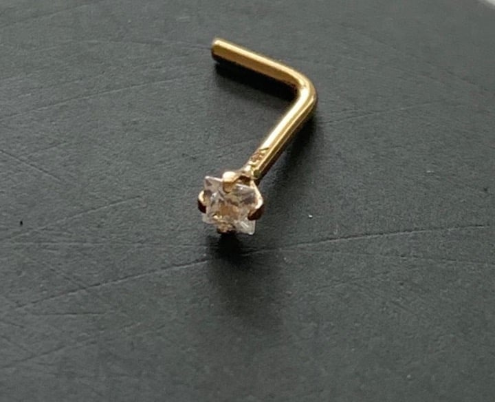 Solid 14kt gold nose piercing with Crystal Princess Cut 20 gauge New