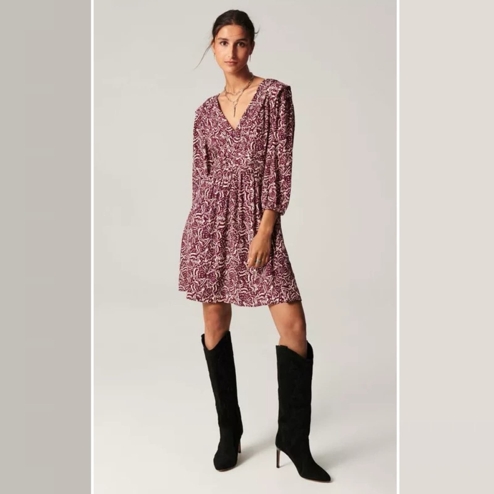 Ba&sh Lia Wine Ivory Vneck Quarter Sleeve Mini Summer Western Boho Chic Dress M