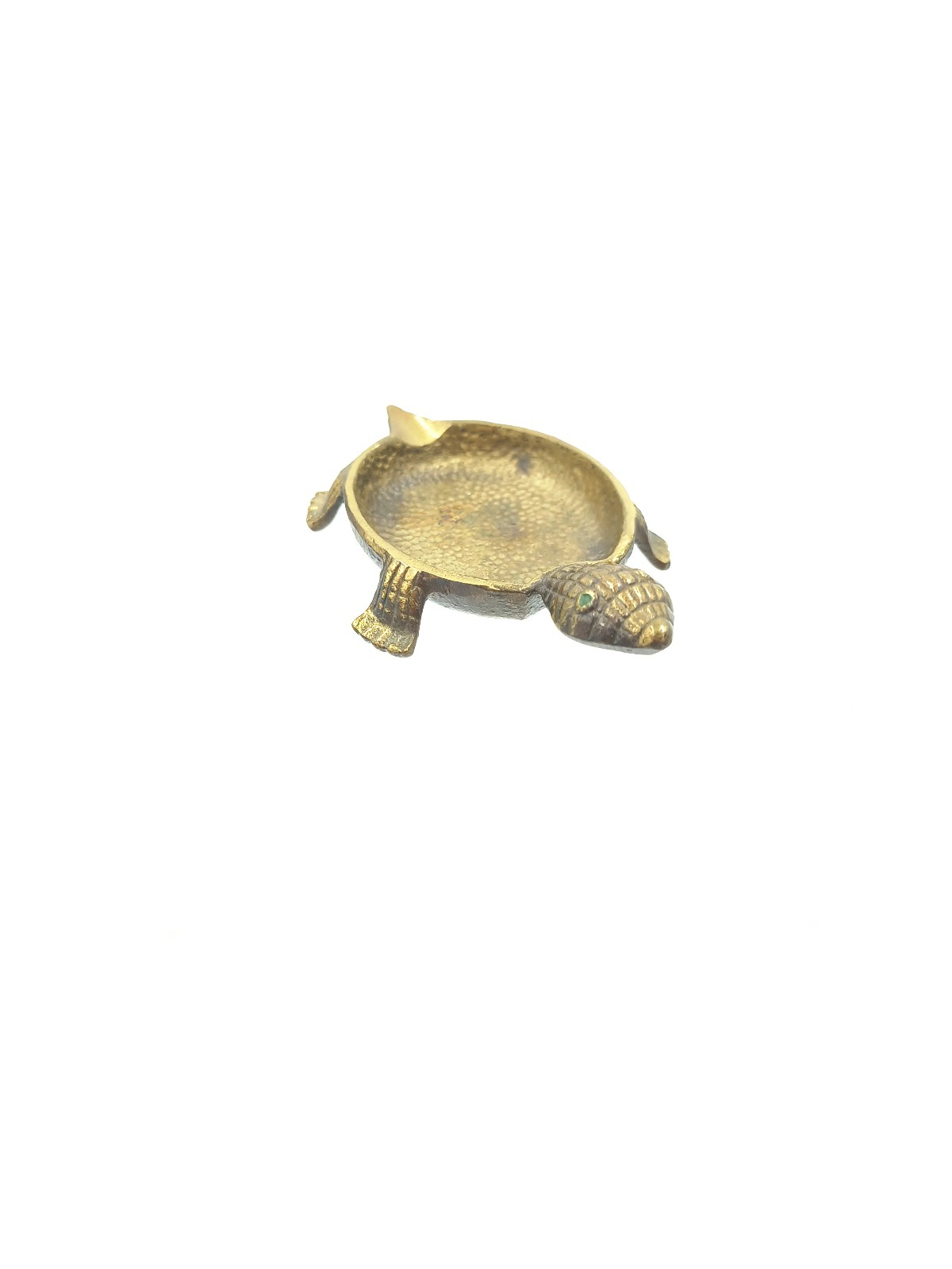 Vintage Brass TURTLE Green Enamel Eyes Small Trinket Dish Ashtray Made in ISRAEL