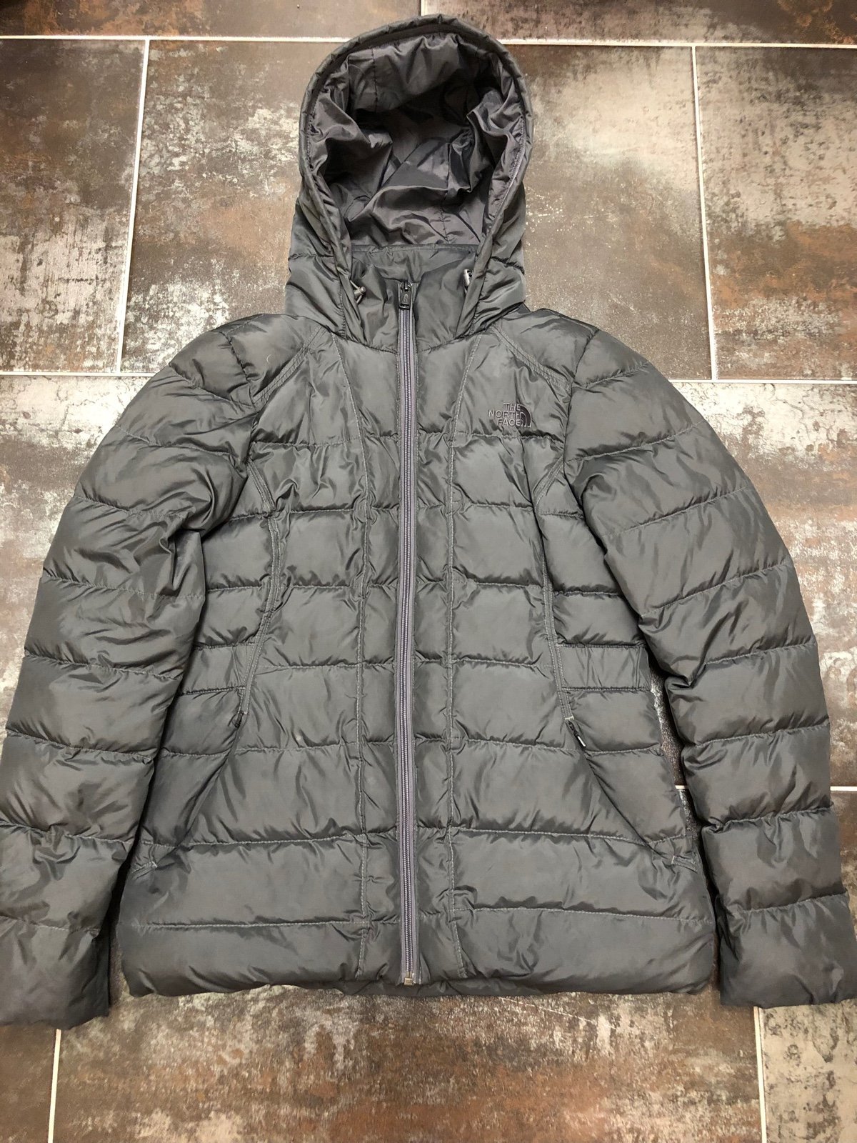 THE NORTH FACE Womens Puffer Jacket Goose Down 550 Hoddie Grey M Medium