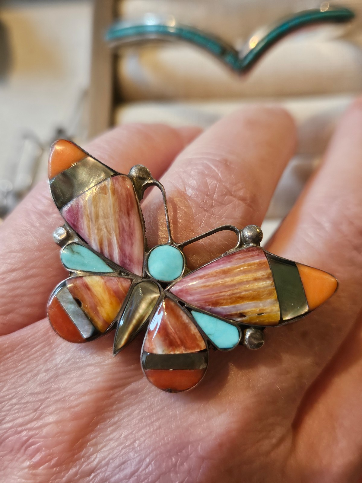 Large Vintage Zuni Sterling Silver Inlay Butterfly Ring