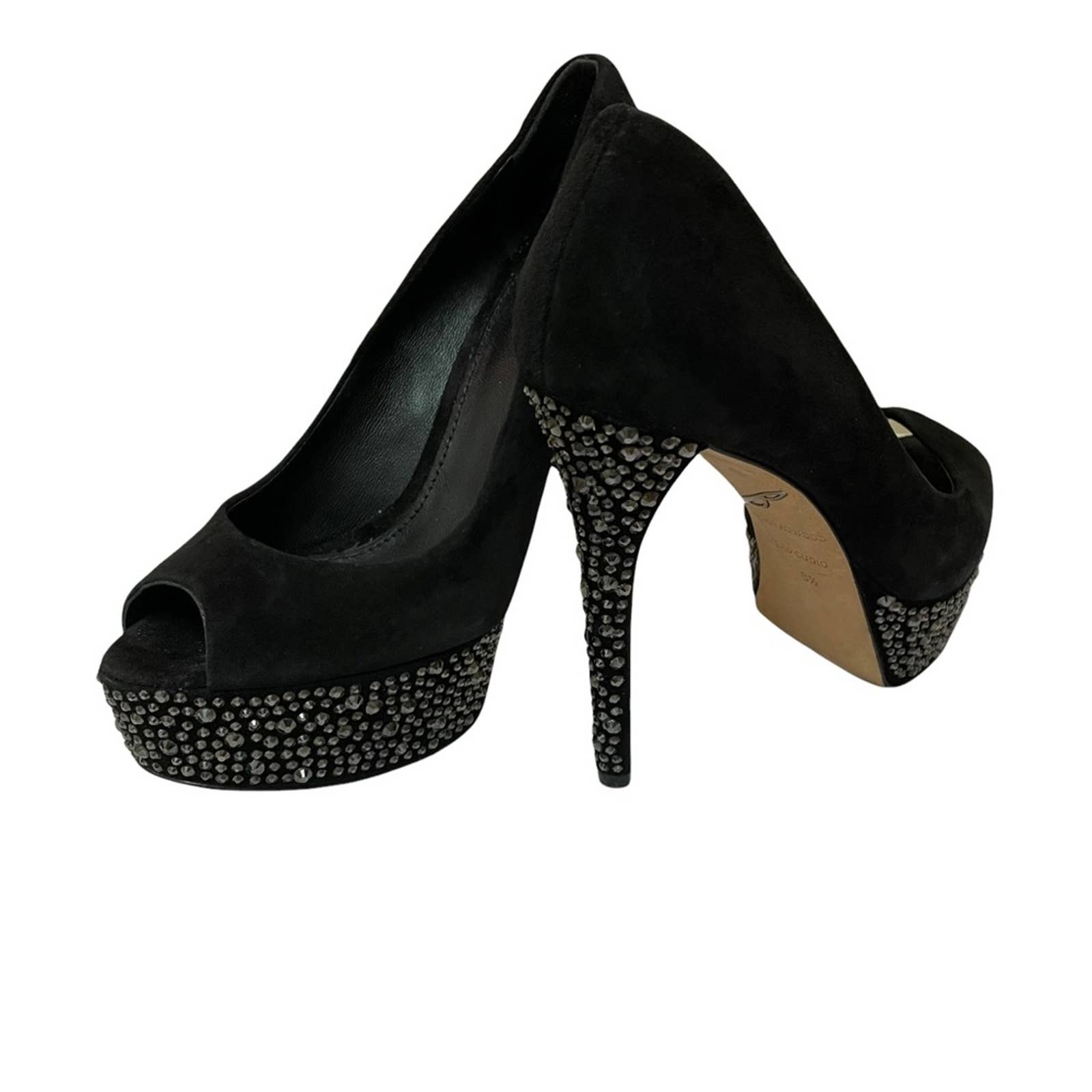 B Brian Atwood Black Suede Crystal Studded Peep Toe Platform Pumps 6.5