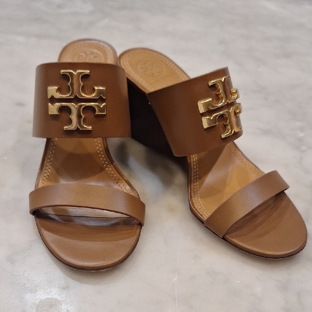 Tory Burch Everly Wedge Leather High Heel Brown Slide Sandals Sz 6.5M Brown Gold