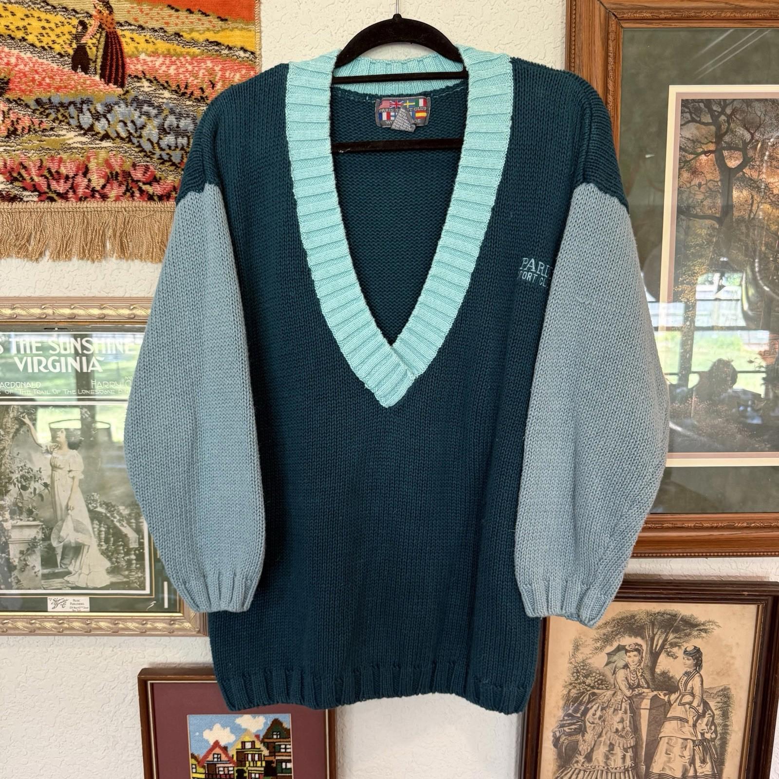 Vintage 80s/90s Paris Sport Club RARE Colorful Knit V-Neck Sweater Size Medium