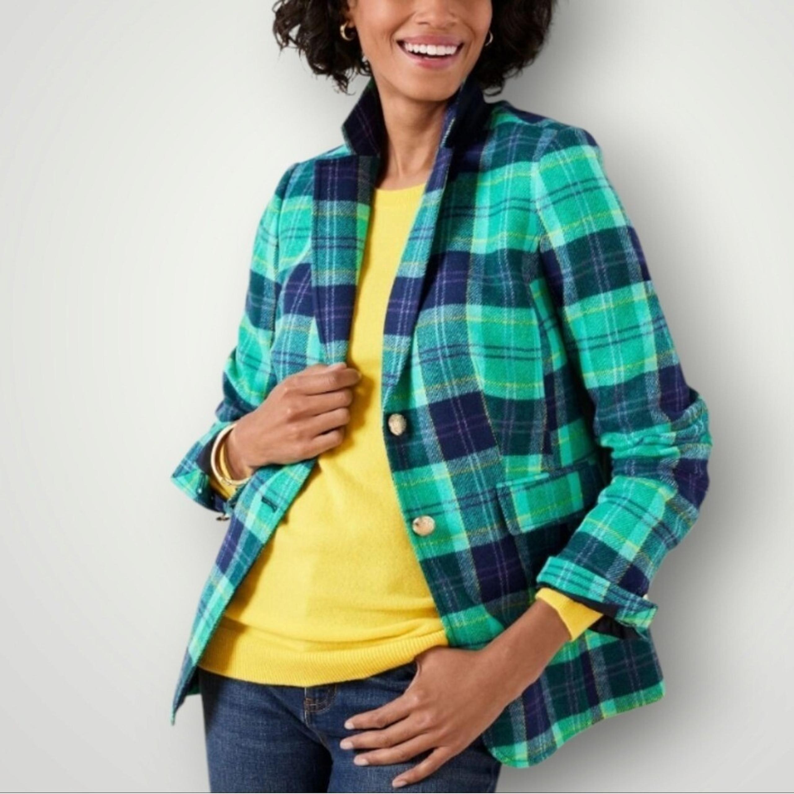Talbots Petite 4P Green Navy Plaid Wool Blend Blazer Womens Gold Button Career