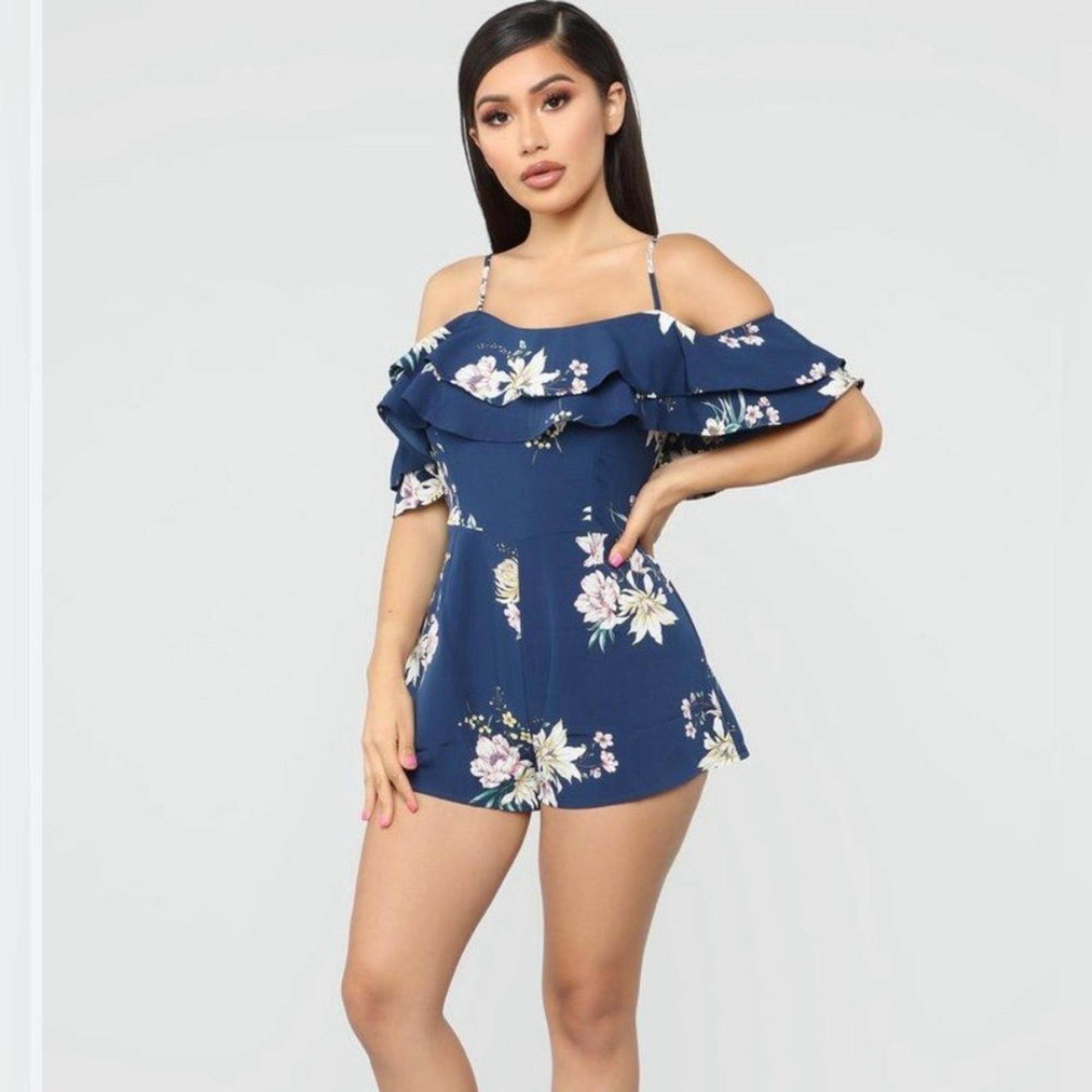 Navy off the shoulder ruffle floral romper size small
