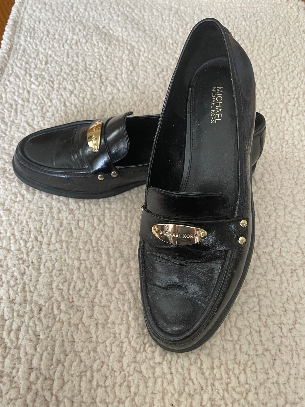 Michael Kors Genuine Leather Black Loafers with Gold Accents 8M